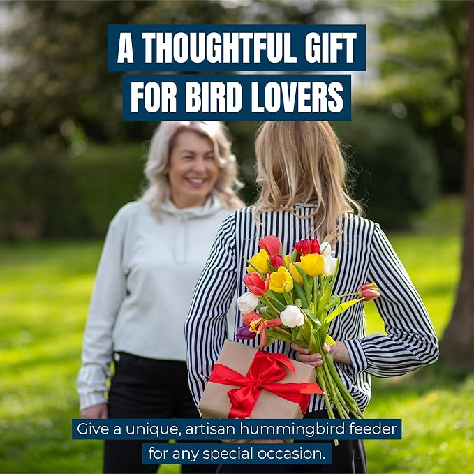 MEKKAPRO Glass Hummingbird Feeders for Outdoors 45oz, Decorative Feeder with Blown Glass Design for Outdoors Hanging and Backyard, Easy Fill with 4 Nectar Feeding Flowers (Sky Blue)