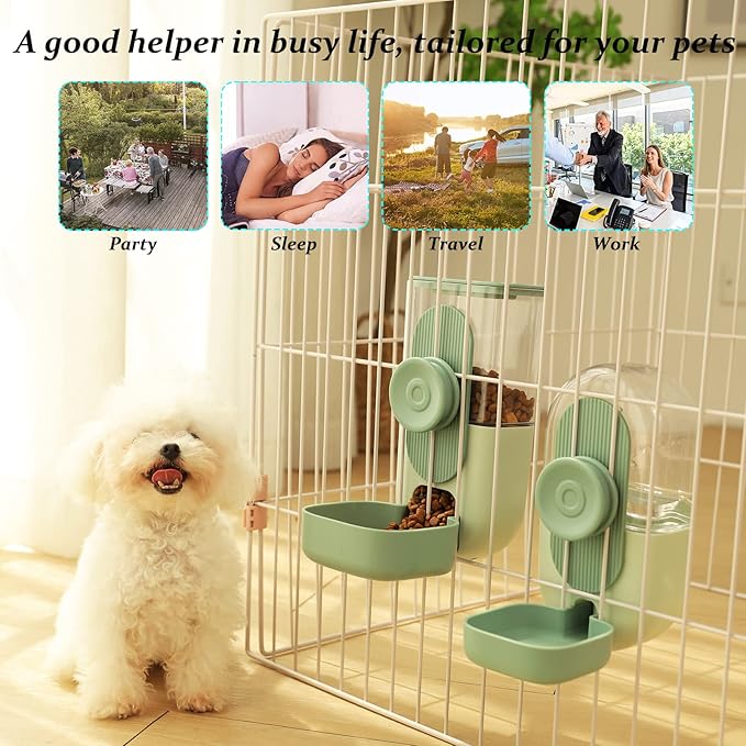 Kenond 35oz Hanging Automatic Pet Food Water Dispenser, Auto Gravity Pet Feeder and Waterer Set, Cage Cat Food Bowl Dog Feeding Station for Puppy and Kitten Rabbit Chinchilla Hedgehog Ferret (Green)