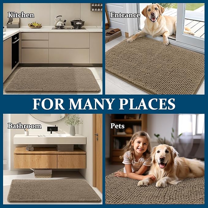 OLANLY Dog Door Mat for Muddy Paws 40x32, Absorbs Moisture and Dirt, Absorbent Non-Slip Washable Doormat, Quick Dry Chenille Mud Mat for Dogs, Entry Indoor Entryway Carpet for Inside Floor, Tan