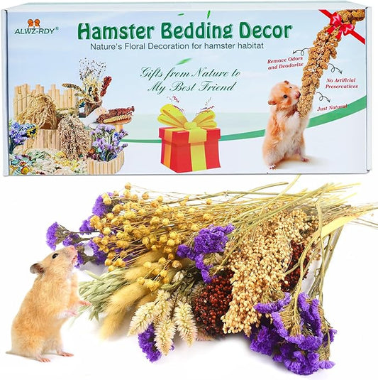 Natural Hamster Bedding, Hamster Herbs Flowers for Hamster Cage Enclosure Habitat Decor Hamster Sprays for Dwarf Syrian Guinea Hamsters Gerbil Degus or Other Small Animals(Flower Grain Version)