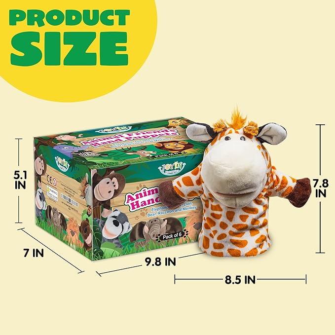 JOYIN 6Pcs Kids Hand Puppet Set with Working Mouth, Toddler Animal Plush Toy Includes Elephant, Giraffe, Lion, Bear, Raccoon and Monkey for Show Theater, Christmas Birthday Gifts for Kid Age 3+