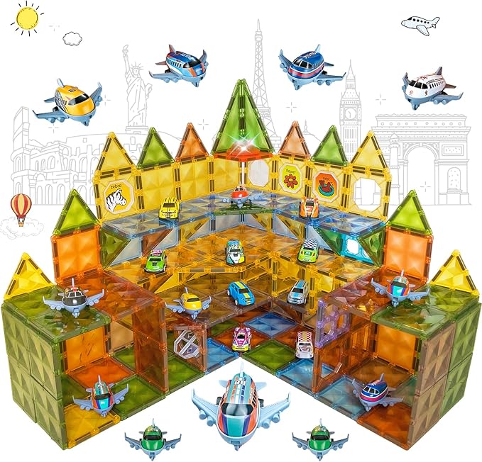 Magnetic Tiles Diamond Series with Lights 4 Pull-Back Metal Cars&7 Airplanes Magnet Tiles Building Block Toy for Kids Educational Construction STEM Toy, Great Gift for Kids Aged 3-8