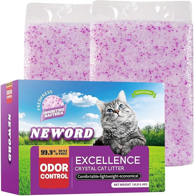 NEWORD Crystals Cat Litter Lightly Scented Litter Superior Odor Control 14 lbs Total (2 Pack of 7lb Bags) Soft-On-Paws Low Tracking Dust-Free Purple Silica Gel, Lavender