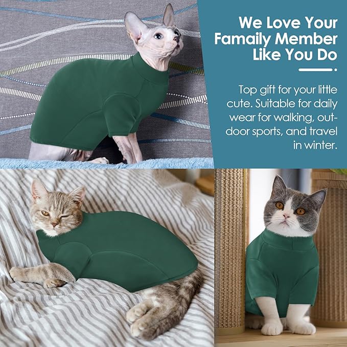 SUNFURA Turtleneck Sweater for Cat, Sphynx Hairless Cats Shirt Sweaters with Sleeves, Warm and Soft Kitten Pullover Fleece Winter Pajamas Jumpsuit for Puppy, Green M