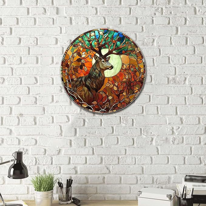 Lygond Metal Sign Tin Sign Circular Stained Glass Deer Gift For Gift 12×12 Inches