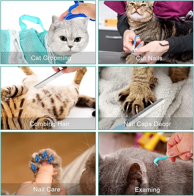 JULMELON Cat Washing Bag 10 PCS Set, Adjustable Cat Shower Net Bag and Pet Grooming Brush with Nail Clipper Nail File Hair Combs Tick Tool Nail Caps for Bathing Nail Trimming Examination(Grey+Green)