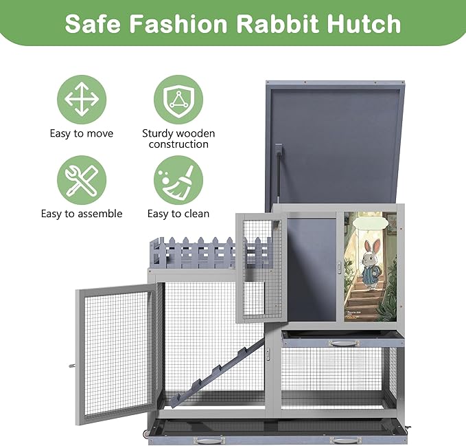 Wood Rabbit Hutch with Balcony - Small Animal House Bunny Cage on Wheels for Indoor Outdoor, Rabbit Cage Included Ramp, Pull Out Tray, (Grey with Pattern)