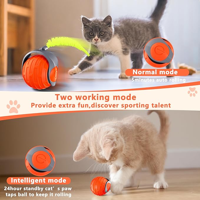 Cat Toys,Interactive Cat Toys Ball for Bored Indoor Cat,Automatic Rolling,Drop Resistant and Obstacle Avoidance,2 Modes Adjustment,Fluffy Tail and USB Type-C Rechargeable(Orange)