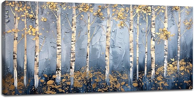 Large White Birch Wall Art Forest Golden Leaves Canvas Living Room Nature Landscape Pictures Framed Prints Oversize Wall Decor Painting Artwork for Bedroom Dining Home 60"x30"