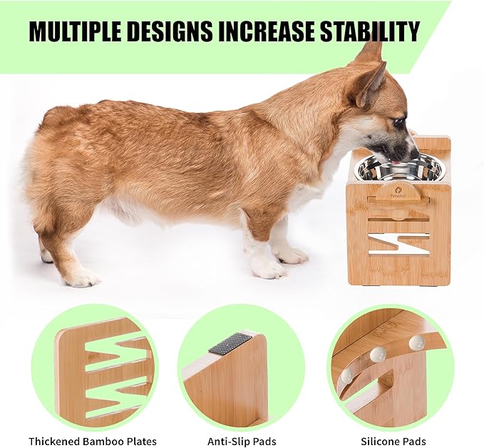 Elevated Dog Bowl, 6 Heights Adjustable Raised Dog Bowl 2.4″-6.7″, with Food Grade 304 Stainless Steel 15 OZ, Bamboo Dog Bowl Stand for Small & Medium Dogs Cats, 1 Pack