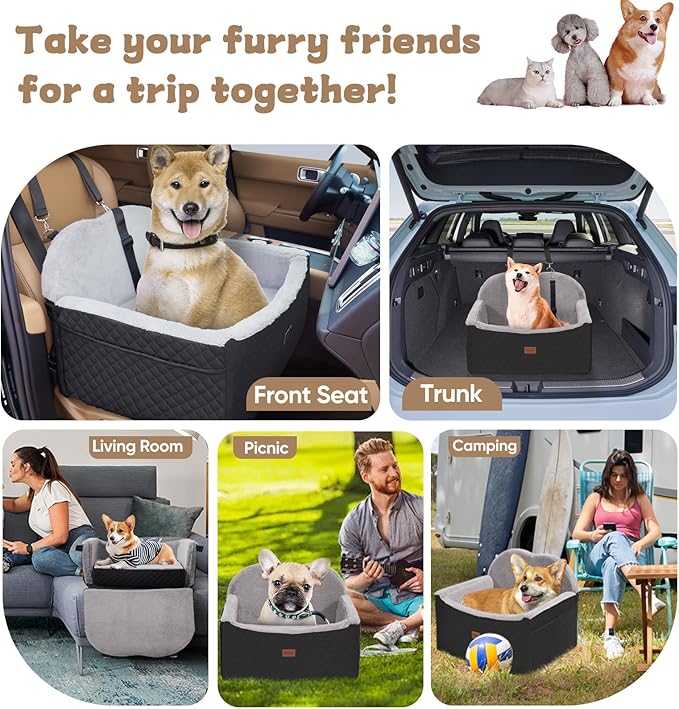 Dog Car Seats for Small Dogs, Detachable Dog Booster Car Seat with Storage Pockets Safety Belt, Pet Booster Cushion for Medium Dogs, Foldable Pet Sofa Cushion & Travel Bed
