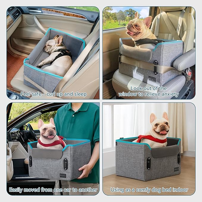 PETSFIT Dog Car Seats for Small Dogs, Patent Safety Buckles Dog Booster Car Seat, Dog Carseat with Safety Belt, Suitable for Small Pets Up to 25lbs (Grey)