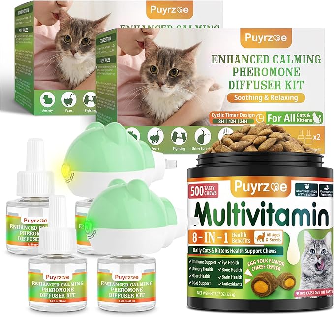 Cat 6-in-1 Calming Diffuser + Multivitamin 500 Chews for Cats – Stress Relief, Immune, Skin & Coat, Digestion, Brain & Bone Health for All Cats, 2 Diffusers + 4 Refills