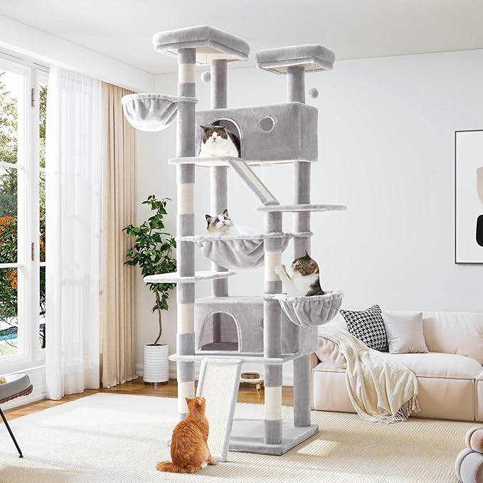 Allewie 81 Inches Tall Cat Tree/Multi-Level Large Climbing Tree House and Towers for Big Feline/Condo and Hammock/Scratching Post/Wide Base/Grey