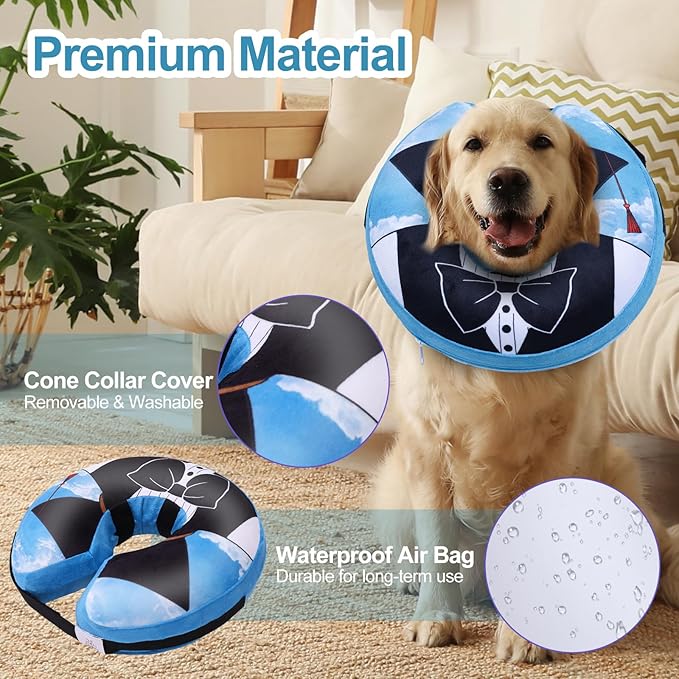 CuteBone Inflatable Dog Cone with Removable Soft Fleece Covers for Small/Medium/Large Dogs and Cats Neck Donut Collar After Surgery GWB13L