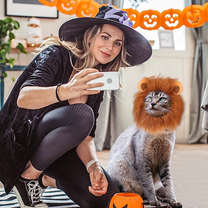 Cat Halloween Costumes - Lion Mane Wig for Cats & Puppies, Adjustable Pet Cosplay Apparel Kitten Outfits for Halloween Christmas Cat Birthday Party (Brown)
