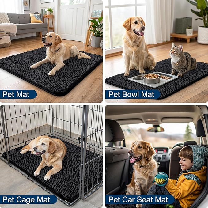Smiry Dog Door Mat for Muddy Paws 24x16, Absorbs Moisture and Dirt Doormat, Non-Slip Washable Quick Dry Chenille Front Door Mat Indoor Entrance, Entryway Carpet for Inside Floor, Black