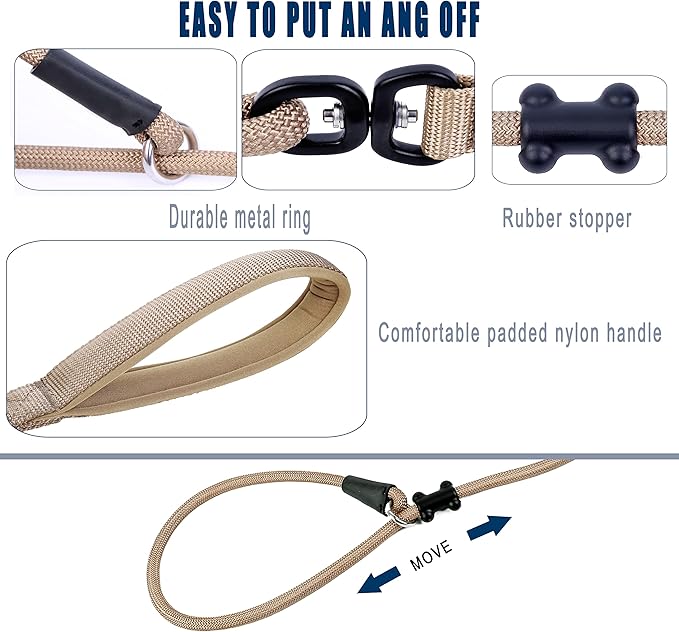 Slip Lead Dog Leash,Strong Nylon Rope Leash and Padded Handle,No Pull Outdoor Walking Training Lead for Small Medium Large Dogs(Light Military Tan, 1/2"×6ft)
