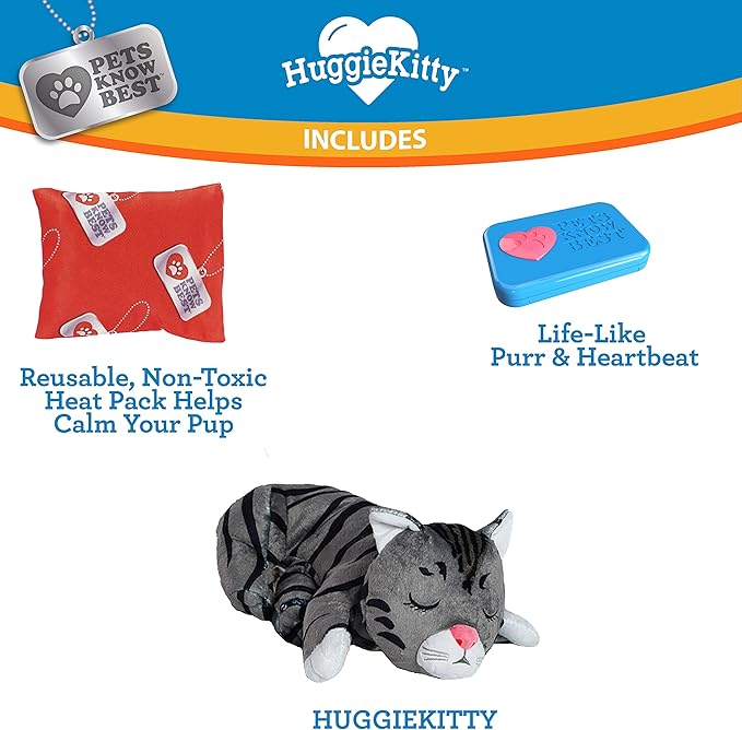 Pets Know Best HuggieKitty | Comfort Purring Companion with Heartbeat Sleep Aide for Cats & Kittens, Heating for Calming Relief, Carrier & Behavioral Training Essential, Breeds, Grey