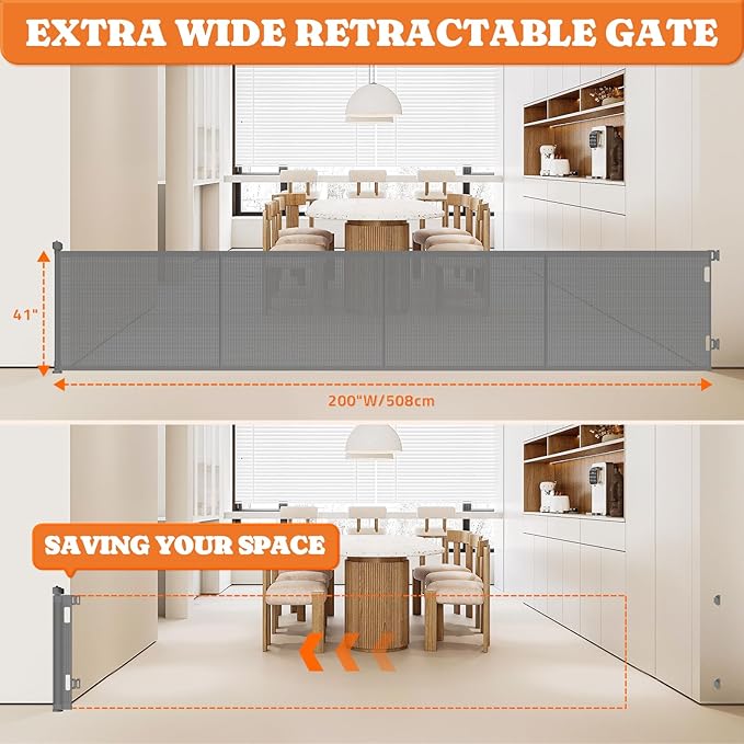 Upgrade 200" Retractable Baby Gates Extra Wide with Reinforced Strips, Mesh Retractable Dog Gate for Garage, 41" Tall Retractable Gate Indoor Outdoor for Pet and Baby-Grey