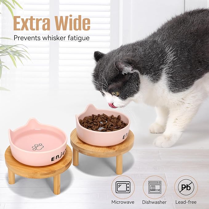 3PCS Elevated Cat Bowls,Wide Raised Ceramic Pet Dishes with Bamboo Stand, Whisker Friendly Pet Water or Food Plates Feeding Station for Indoor Small Dogs, Kitten (Pink+White)