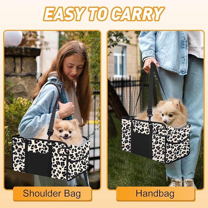 Portable Dog Car Seat for Small Dogs - Adjustable Safety Leash, Washable Cushion & Storage Pocket - Pet Booster Seat for Car Travel- Leopard
