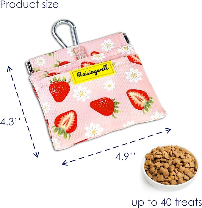 Dog Treat Pouch,Cotton Pocket Sized Training Holder, Hand Free Walking Funny Bag with Carabiner, Self-Closing Pet Feed Snack Reward, Behavior Aids for Puppy Travel or Outdoor Use(Strawberry)