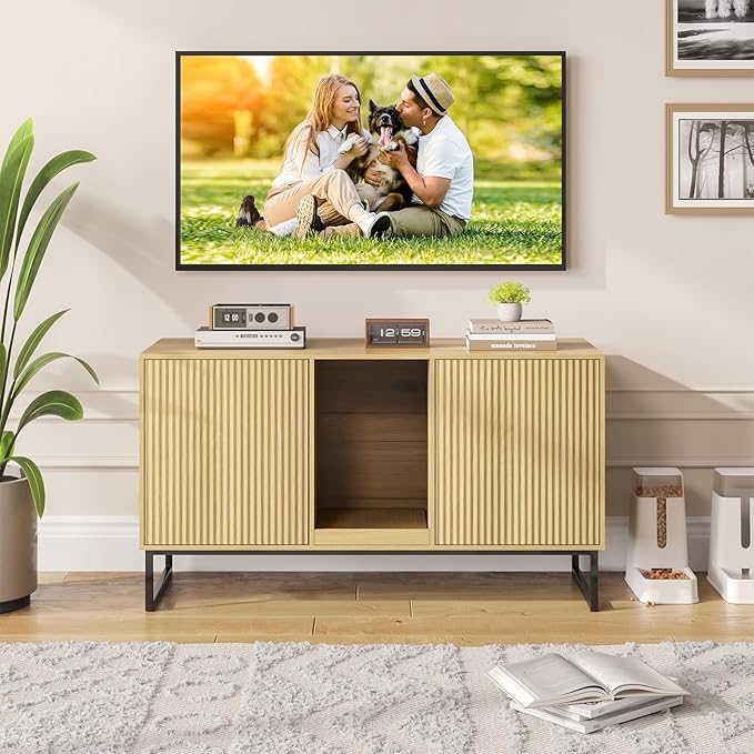 Litter Box Enclosure for 2 Cats, Fluted Hidden Cat Litter Box Furniture with Scratch Pad and Metal Legs, Modern Double Room Kitty House for Living Room, Washroom, 47.2”L x 17.7”W x 25.9”H, Natural