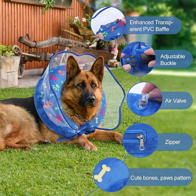 Inflatable Dog Cone Collar, Adjustable Size Soft PVC 2-in-1 Dog Donut Collar After Surgery with Detachable, Inflatable Collar for Small Medium Large Dogs and Cats (Blue, Medium)