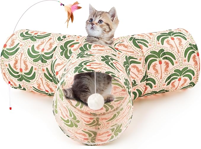 Tempcore Pet Cat Tunnel Tube Cat Toys 3 Way Collapsible, Cat Tunnels for Indoor Cats,Kitty Tunnel Bored Pet Toys Peek Hole Toy Ball Puppy, Kitty, Kitten, Rabbit Khaki Coconut Tree