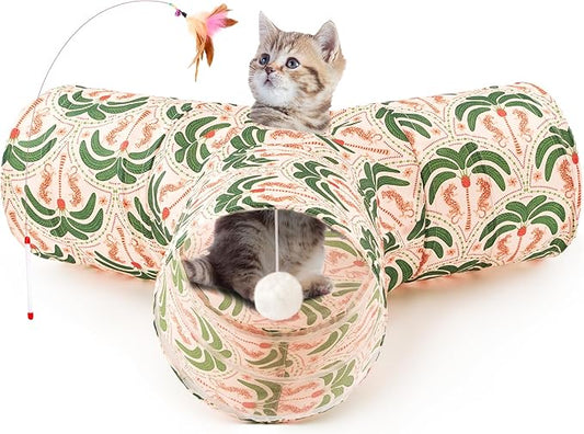 Tempcore Pet Cat Tunnel Tube Cat Toys 3 Way Collapsible, Cat Tunnels for Indoor Cats,Kitty Tunnel Bored Pet Toys Peek Hole Toy Ball Puppy, Kitty, Kitten, Rabbit Khaki Coconut Tree