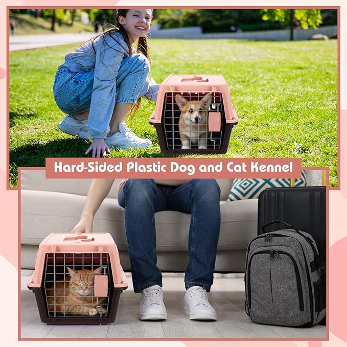2 Set Pet Carrier for Small Dogs and Cat, Hard Shell Plastic Dog Crate with Bowl and Cooling Pad Fully Breathable Portable Kennel for Small Pet Travel Camp (Brown,18.9 x 12.6 x 11.8 Inch)