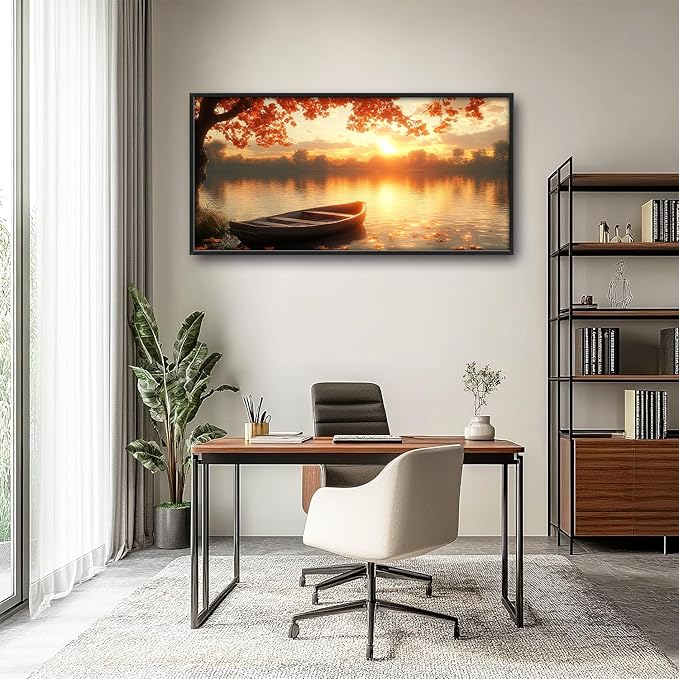Large Lake Sunrise Landscape Wall Art for Living Room, Nature Boat Canvas Oversized Wall Decor, River Scenery Framed Pictures Painting Print Artwork for Bedroom Office 60"L x 30"W