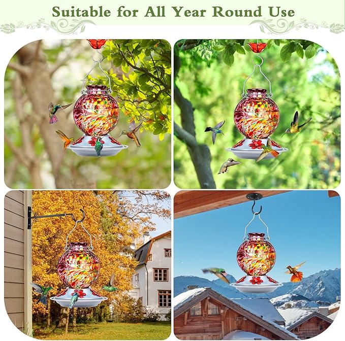 BOLITE Hummingbird Feeder, Hummingbird Feeders for Outdoors Hanging, Hand Blown Glass, Meshy Texture Ball Shape Bottle, 5 Feeding Ports with Perch, 20 Ounces, Leak Proof, Purple, Gifts for Women Men