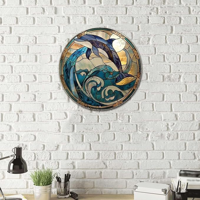 Lygond Metal Sign Tin Sign Circular Stained Glass Dolphin Wall Art for Restaurant 8×8 Inches