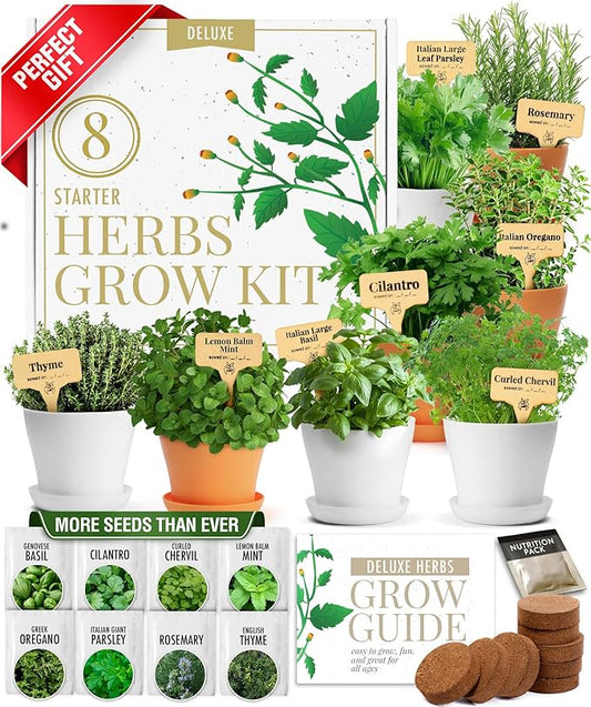 HOME GROWN π£π₯ππ ππ¨π  πππ₯π πππ§ 8 Herb Seeds Garden Kit, Complete Indoor Planter Gift with Basil Cilantro Mint & More, Unique Kitchen Growing Set for Women Men, Birthday Housewarming Present