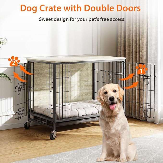 Dog Crate Furniture, 32.5" Wooden Dog Crate Furniture Side End Table, Indoor Kennel with Double Doors, Dog Crates for Medium Dogs, Grey