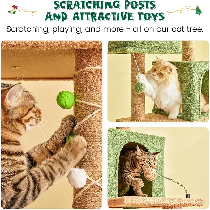 MWPO 70.1-Inch Green Large Cat Tree, Multi-Level Tall Cat Tower for Indoor Cats, Plush Cat Condo with Big Padded Perches, Sisal-Covered Scratching Posts, Hammock, Toys for Kittens & Cats