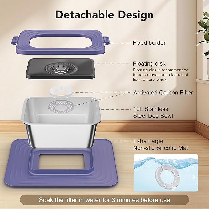 Decflow 10L Stainless Steel Dog Water Bowl, No Spill Anti-Splash Dog Bowls with XXL Silicone Mat, Spill-Proof Slow Feeder for Messy Drinkers, Heavy Duty Pet Bowls for Indoor/Outdoor Use Purple