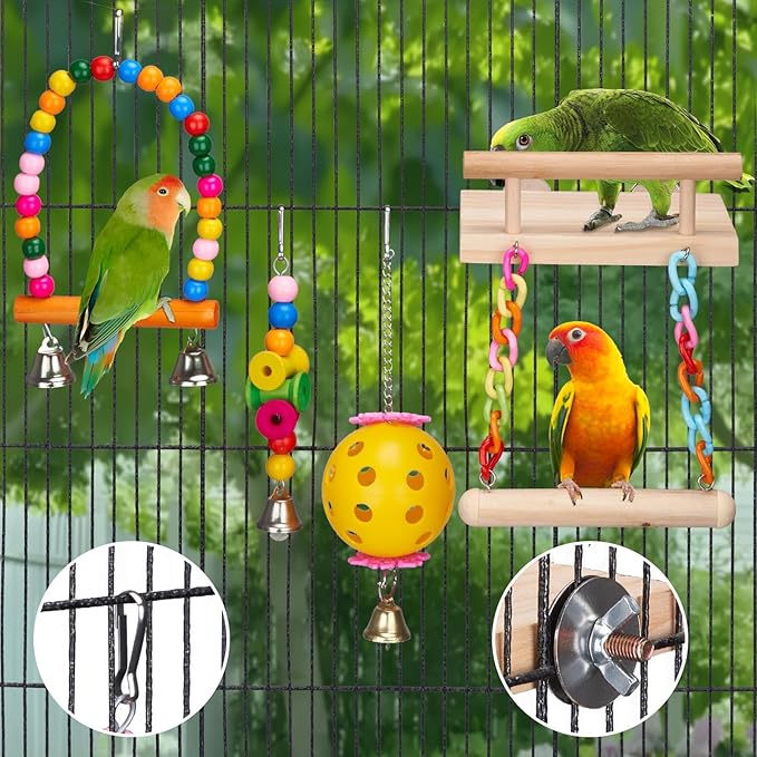 11Pcs Bird Parakeet Toys Wooden Bird Platform Stands Swing Hanging Chewing Toy Parrot Climbing Ladder Colorful Bird Cage Toys for Parakeet, Conure, Cockatiel, Love Birds, Finches