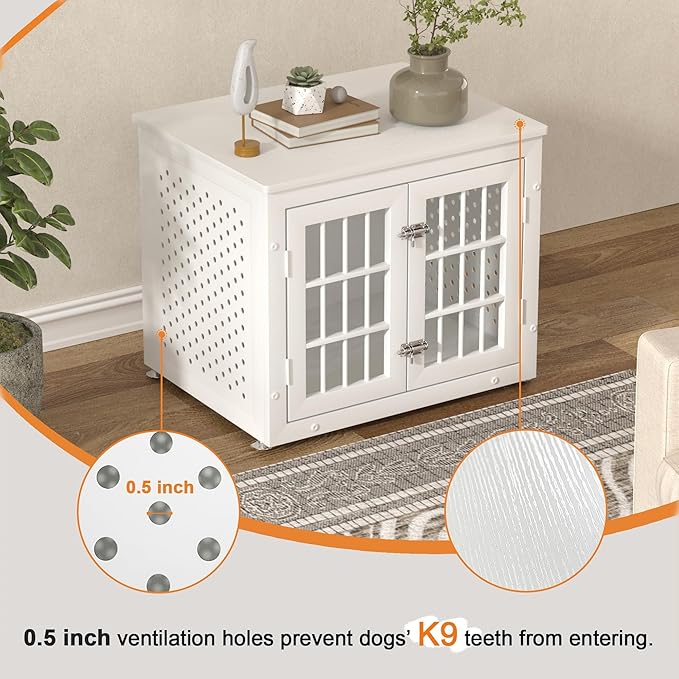 26" Heavy Duty Dog Crate Furniture for Small Dogs, Metal Kennel for High Anxiety Dogs, Chew Proof Pet Cage Indoor, Decorative Kennel End Table, White