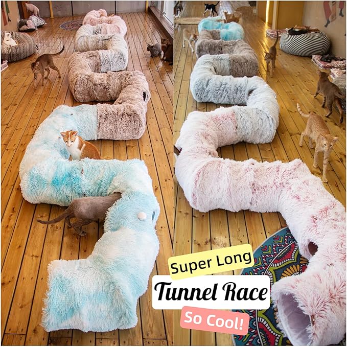 XxingSheep 4 Cave Shuttled XL Cat Tunnel Bed for Indoor Cats Peekaboo Toy Donut with Warm Mat, Yellow-Brown