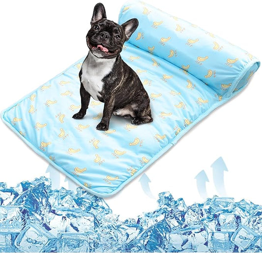 PUMYPOREITY Cooling Dog Bed, Pet Cooling Mat with Pillow, Ice Silk Cooling Dog Blanket, Self Cooling Pad for Cat,Dog, Washable Summer Pet Mat for Kennel, Crates, Sofa, Floor, Blue, L
