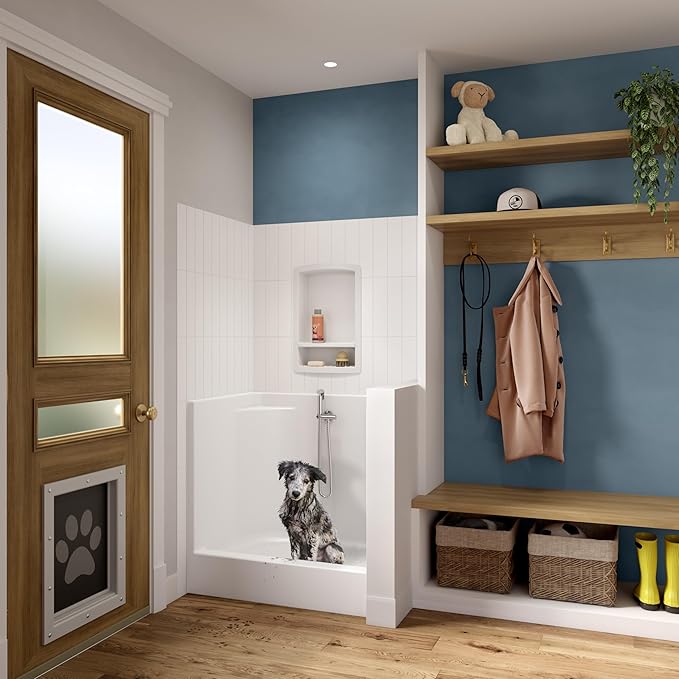 Laurel Mountain Odie 36" x 27" x 36" AcrylX Alcove Center Drain One-Piece Pet Shower in White with Hand-Held Sprayer in Chrome