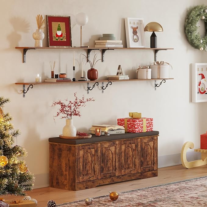 DINZI LVJ Shoe Bench, Entryway Storage Bench with Doors, Cushion, 2-Tier Shoe Rack with 8-Cubby, 47.2”L x 13.8”W Shoe Organizer Cabinet, Adjustable Shelf, Living Room, Bedroom, Rustic Brown