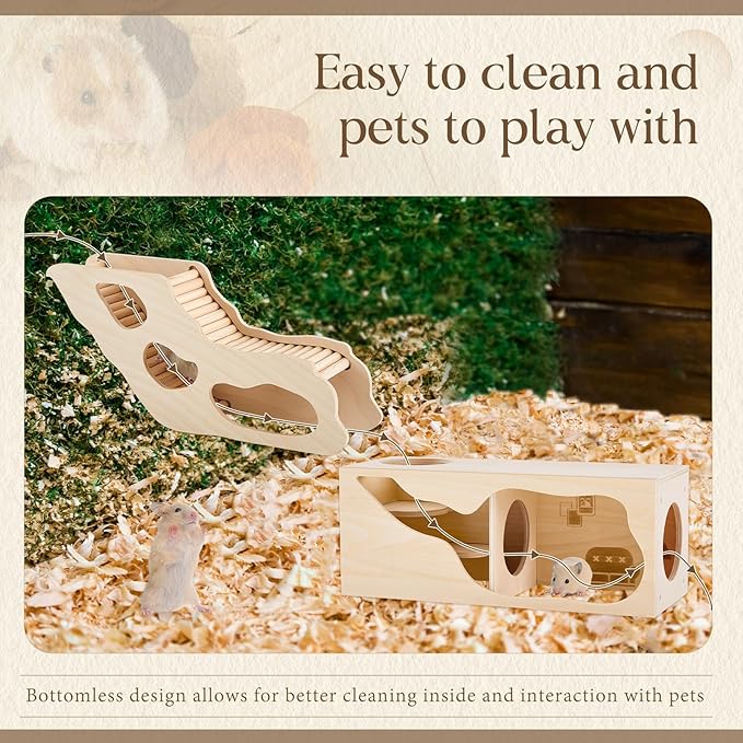 2 Pcs Hamster Houses and Hideouts Hamster Tunnel Set Wood House for Hamster with Climbing Ladder Exploring Tunnel Multi Chamber Maze for Small Animals Pets Gerbils Hedgehogs Rats Mice
