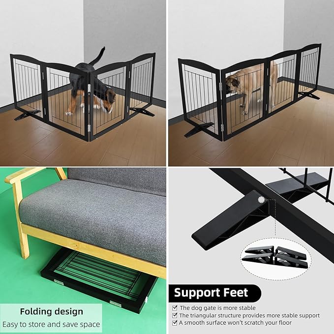 ZJSF Freestanding Dog Fence Indoor, Foldable Dog Gate for Doorways, Stairs or Hallways, Sturdy Wood Extra Wide Pet Gate with Support Feet for The House, Black, 24 "Height-4 Panels