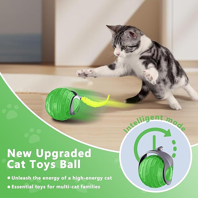 Cat Toys,Interactive Cat Toys Ball for Bored Indoor Cat,Automatic Rolling,Drop Resistant and Obstacle Avoidance,2 Modes Adjustment,Fluffy Tail and USB Type-C Rechargeable(Green)
