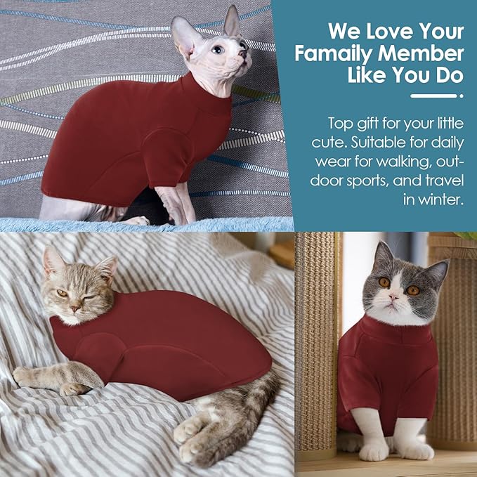 SUNFURA Turtleneck Sweater for Cat, Sphynx Hairless Cats Shirt Sweaters with Sleeves, Warm and Soft Kitten Pullover Fleece Winter Pajamas Jumpsuit for Puppy, Burgundy S