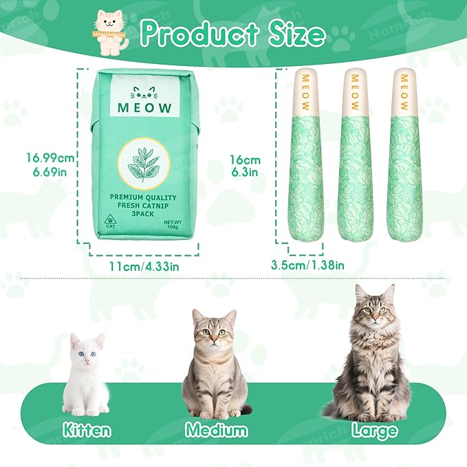 Homrich Catnip Toys for Cats, 3-Pack Funny Cat Toys Filled with 100% Pure Organic Catnip, Safe Kitten Teething Chew & Kicker Toys - Interactive Cat Toys for Bored Indoor Adult Cats